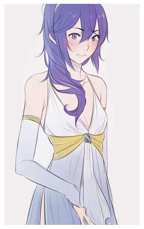 1girl, blue_eyes, blue_hair, blush, breasts, bridal_gloves, cleavage, detached_sleeves