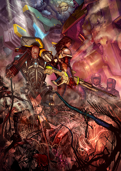 2boys, doug_barrett, gun, lao_huang, mecha, multiple_boys, nintendo, official_art