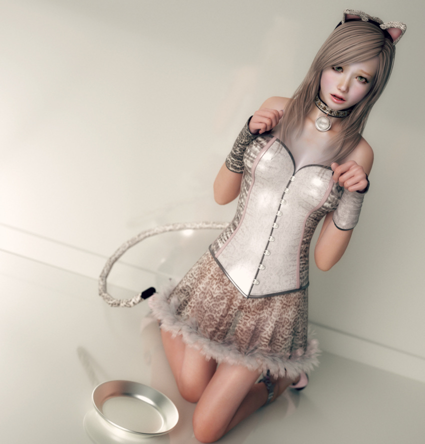 1girl, 3d, animal_ears, animal_print, anklet, bare_shoulders, breasts, brown_hair