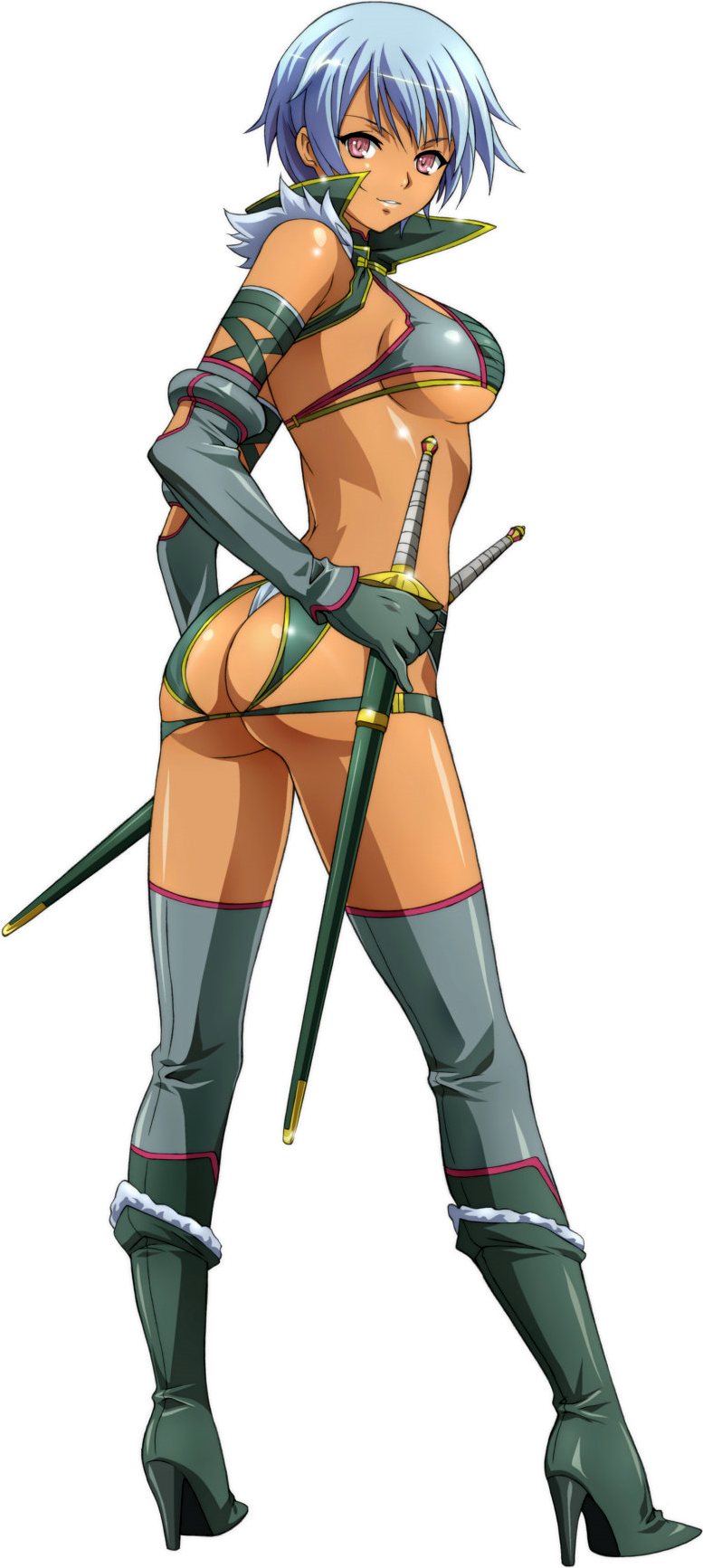 1girl, ass, back, blue_hair, boots, bra, breasts, dagger, dark_skin, elbow_gloves, female, gloves, high_heel_boots, high_heels, highres, irma, large_breasts, official_art, panties, queen's_blade, short_hair, smile, solo, standing, sword, thigh-highs, thong, under_boob, underwear, violet_eyes, weapon