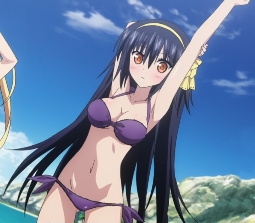 1girl, 8-bit_(company), absolute_duo, armpits, bikini, blue_hair, blush, breasts