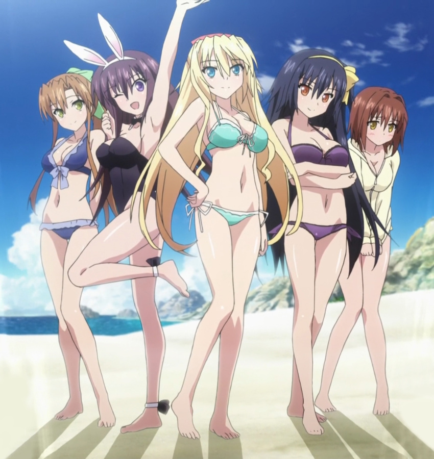 5girls, 8-bit_(company), absolute_duo, animal_ears, armpits, arms_behind_back, barefoot, beach