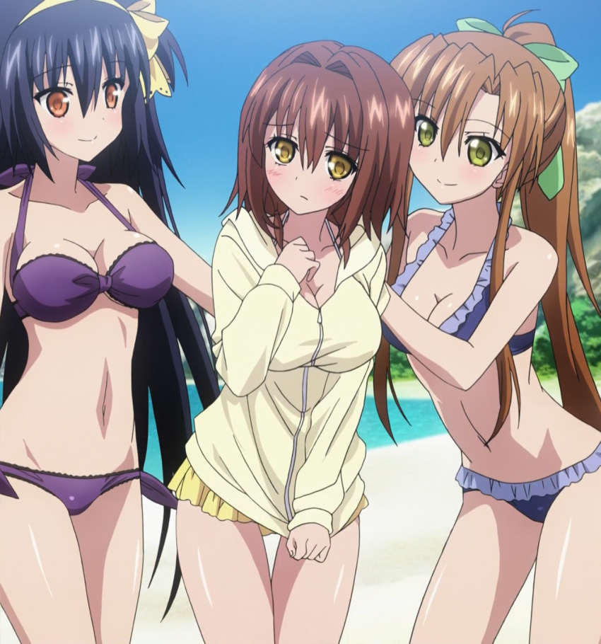 3girls, 8-bit_(company), absolute_duo, beach, bikini, blue_hair, blush, breasts