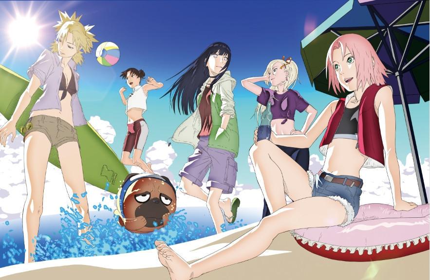 5girls, ball, barefoot, beach, beachball, black_hair, blonde_hair, blue_sky, denim, denim_shorts, double_bun, haruno_sakura, hime_cut, hood, hoodie, hyuuga_hinata, jumping, lens_flare, midriff, multiple_girls, naruto, naruto_shippuuden, navel, official_art, pakkun, pink_hair, ponytail, quad_tails, sand, sandals, short_hair, shorts, sky, surfboard, swimsuit, temari, tenten, umbrella, water, yamanaka_ino