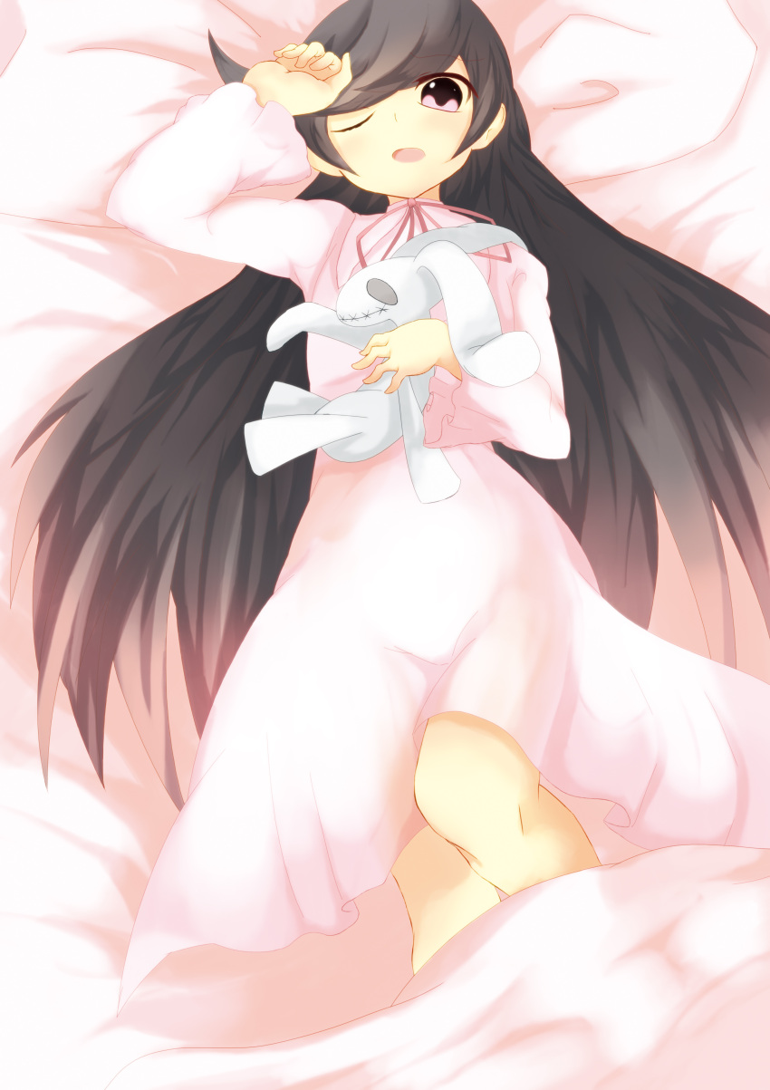 1girl, ashley_(warioware), bed, black_hair, highres, long_hair, lying, nintendo, on_back, pink_eyes, warioware, wink, yutaro