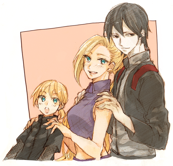 1girl, 2boys, black_hair, blonde_hair, family, midriff, multiple_boys, nakatsun