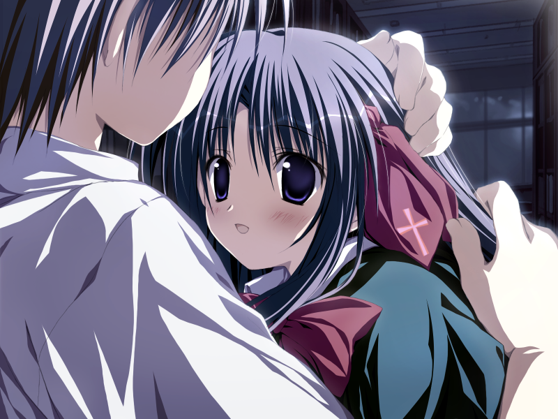 game_cg, hair_ribbon, hand_on_head, hosaka_nanami, hug, korie_riko, petting, ribbon