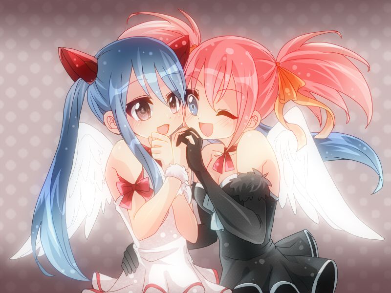 2girls, blue_hair, breasts, chelia_blendy, dress, elbow_gloves, fairy_tail, fcs_(frip)