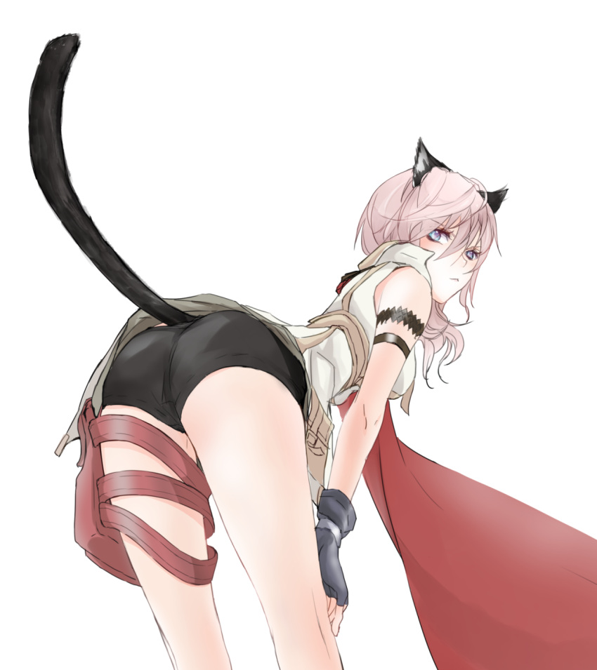 1girl, :<, armlet, ass, asymmetrical_hair, bike_shorts, blue_eyes, cape, cat_ears, cat_tail, final_fantasy, final_fantasy_xiii, fingerless_gloves, gloves, hikao_(plusxxx), leaning_forward, lightning_farron, looking_back, pink_hair, simple_background, sleeveless, solo, tail, white_background