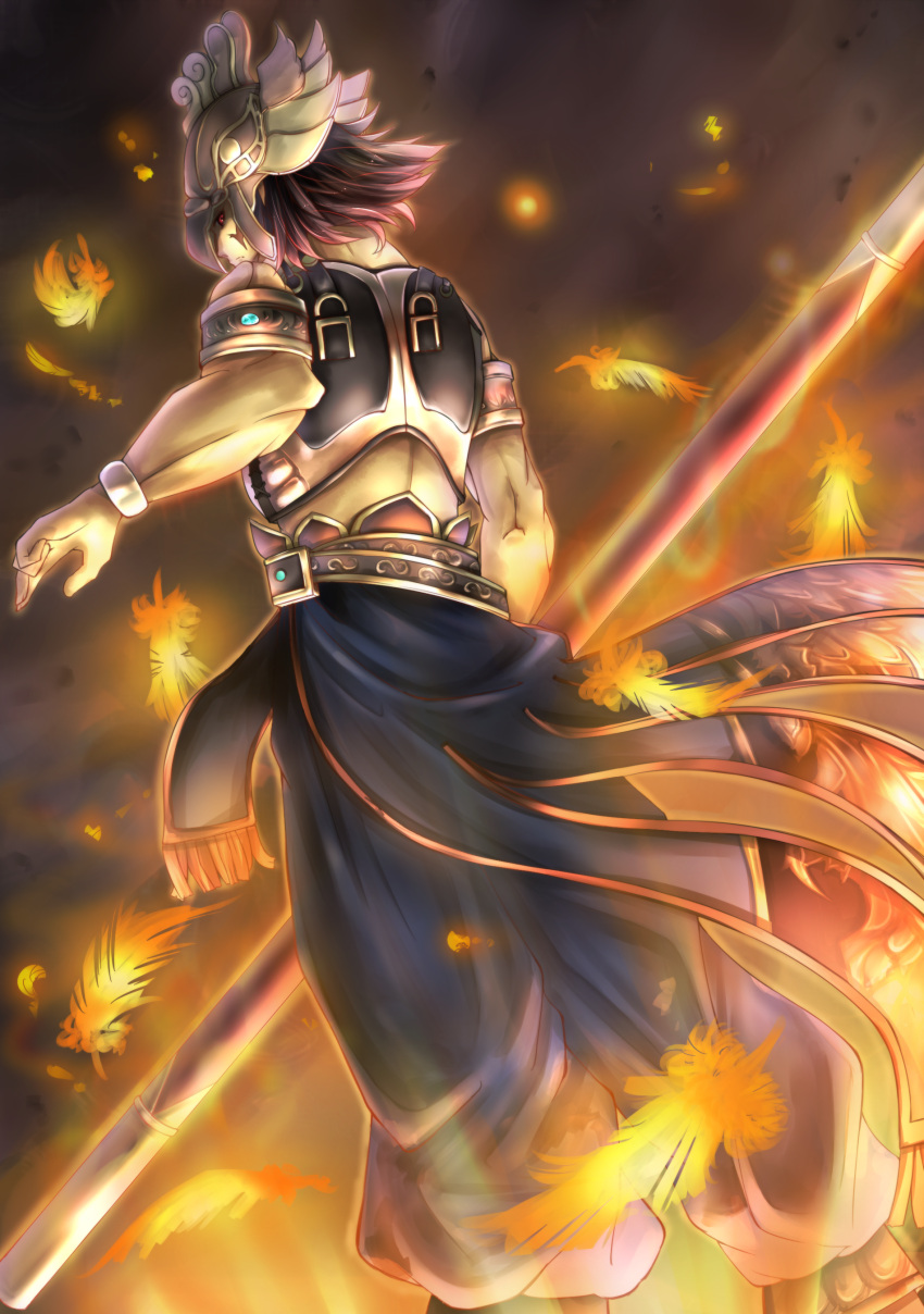1boy, armlet, armor, back, brown_hair, feathers, helmet, highres