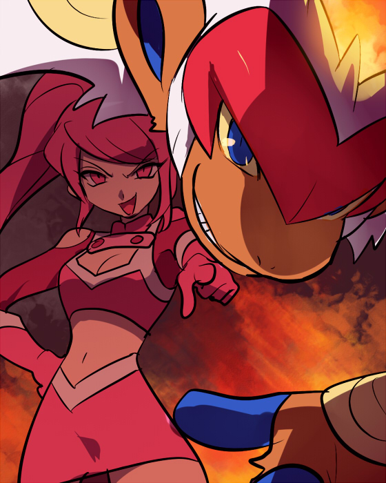 00s, 1girl, breasts, cano_(pokemon), cleavage, devanohundosi, evil_smile, fire, gloves, grin, infernape, looking_at_viewer, midriff, navel, pink_eyes, pink_gloves, pink_hair, pink_skirt, pixiv_manga_sample, pointing, pointing_at_viewer, pokemon, pokemon_(game), pokemon_ranger, pokemon_ranger_vatonage, skirt, smile