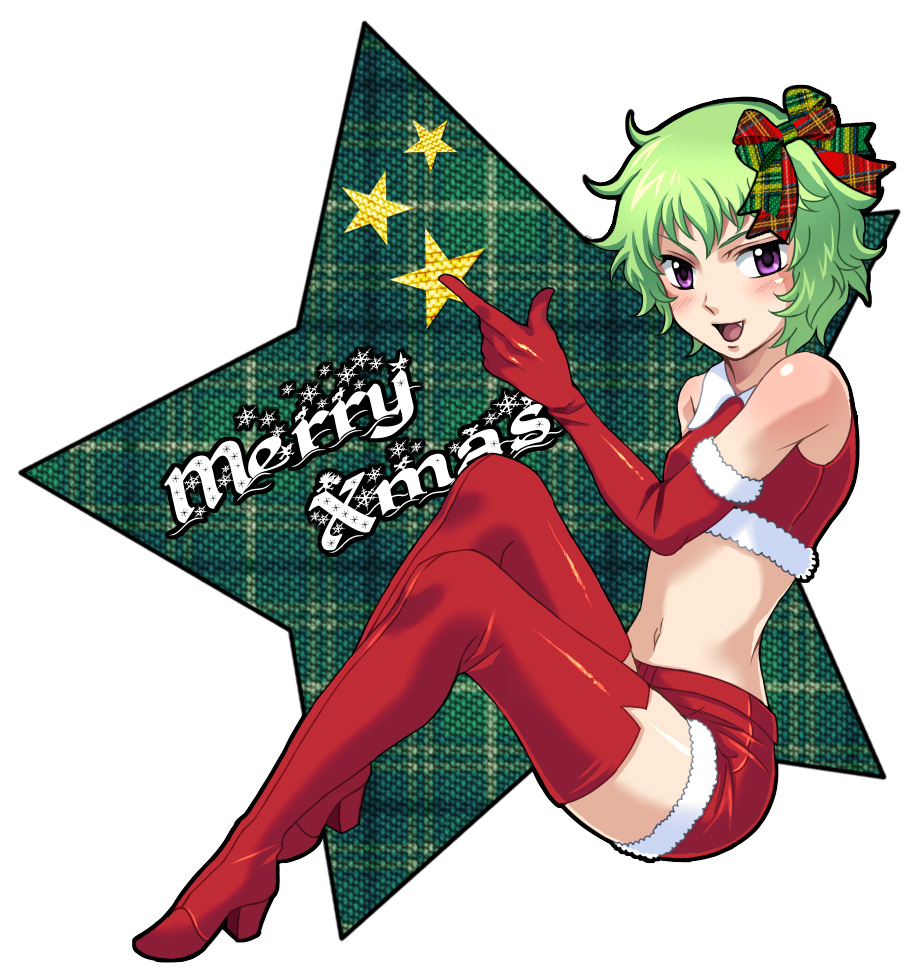 boots, bow, christmas, elbow_gloves, gloves, green_hair, gundam, gundam_00, hilling_care, innovator, kuro_(pizz66), navel, open_mouth, purple_eyes, ribbon, short_hair, star, thighhighs, violet_eyes