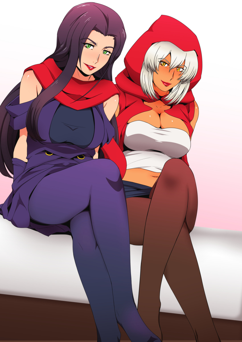 2girls, bed, blush, breasts, cape, cleavage, dark_skin, feet