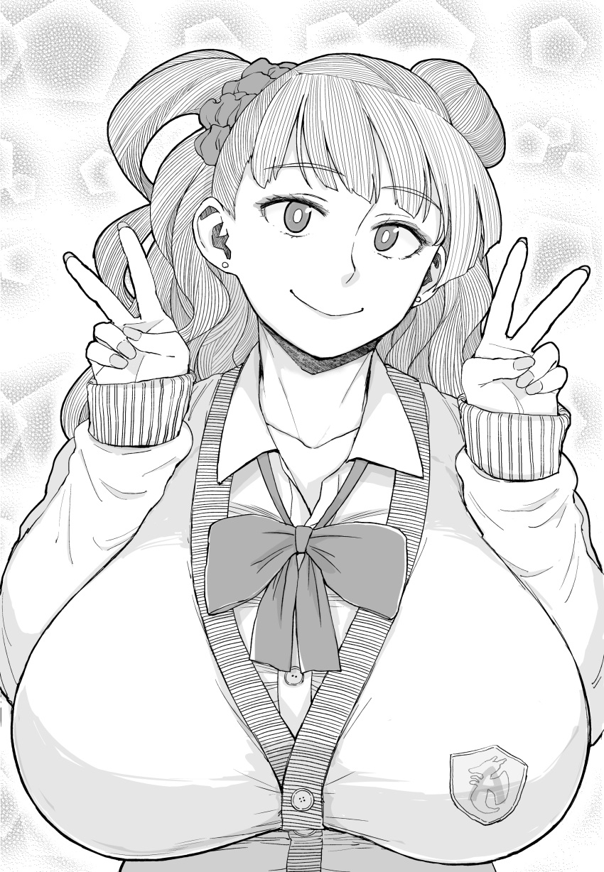 1girl, absurdres, asymmetrical_hair, bow, breasts, cardigan, double_v, female