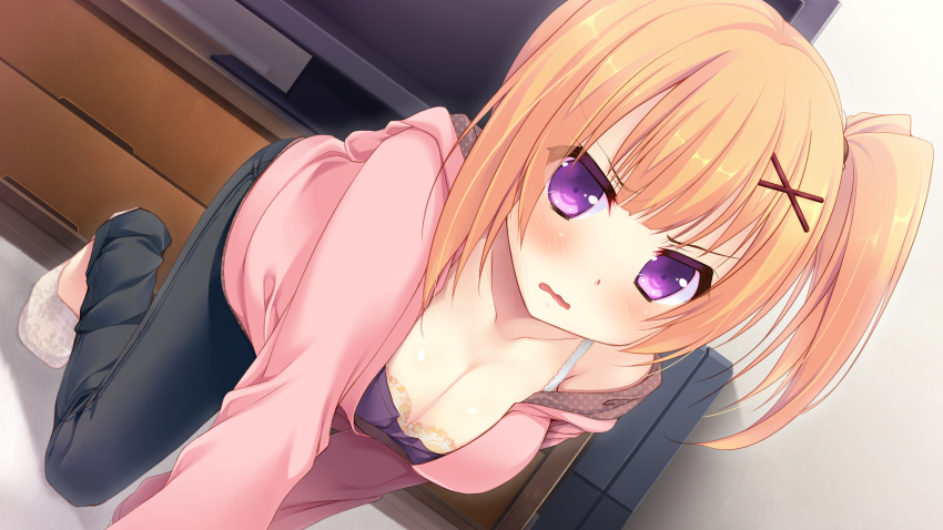 1girl, all_fours, blonde_hair, blush, bra, breasts, cleavage, game_cg