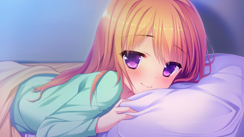 1girl, bed, blush, brown_hair, game_cg, highres, mango_purin, nakaoka_chimachi