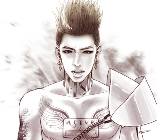 1boy, armor, bigbang, fantastic_baby, k-pop, male_focus, monochrome, musician