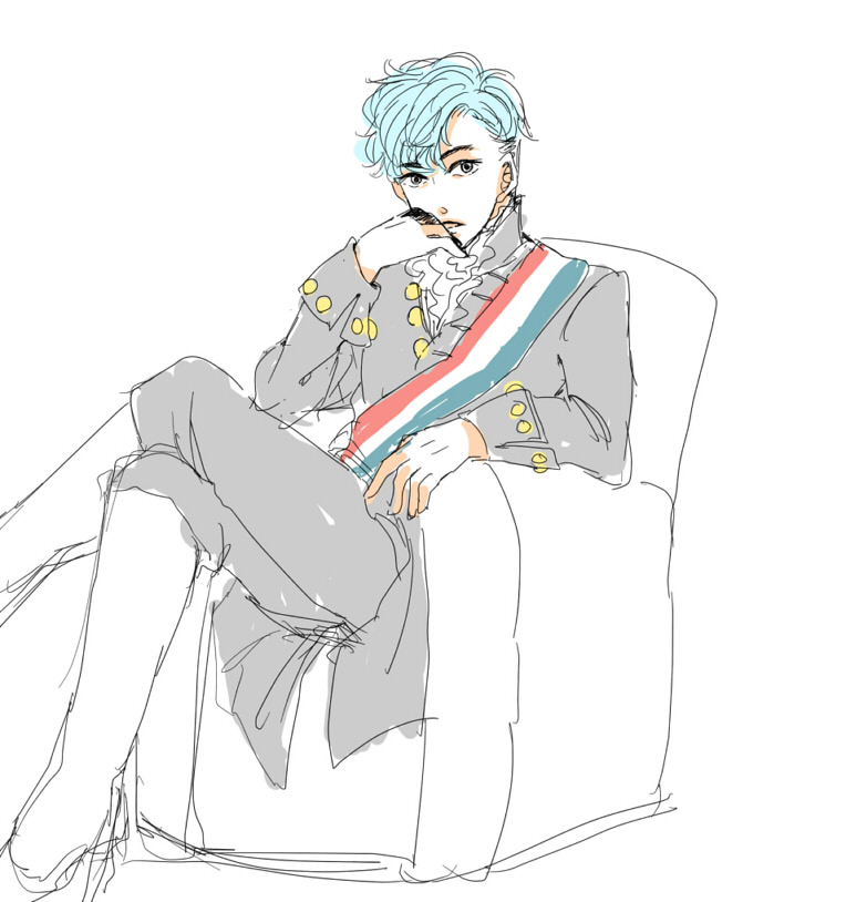 1boy, bigbang, blue_hair, chin_rest, fantastic_baby, k-pop, legs_crossed, male_focus