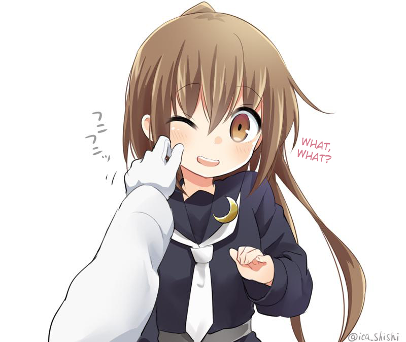 1girl, admiral_(kantai_collection), black_serafuku, brown_eyes, brown_hair, cheek_pinching, crescent, fumizuki_(kantai_collection)