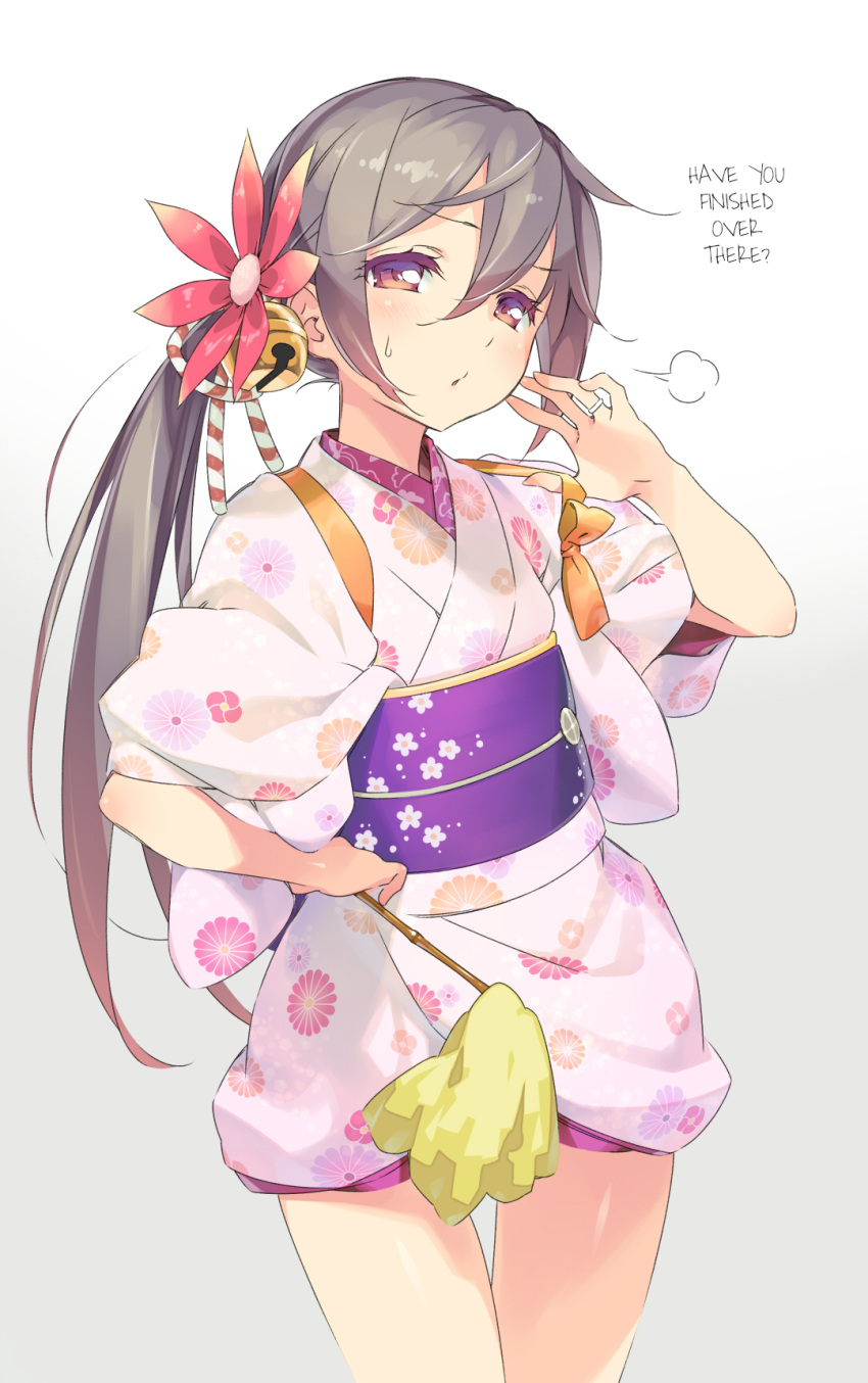 1girl, akebono_(kantai_collection), bell, covering, covering_crotch, cowboy_shot, floral_print, flower