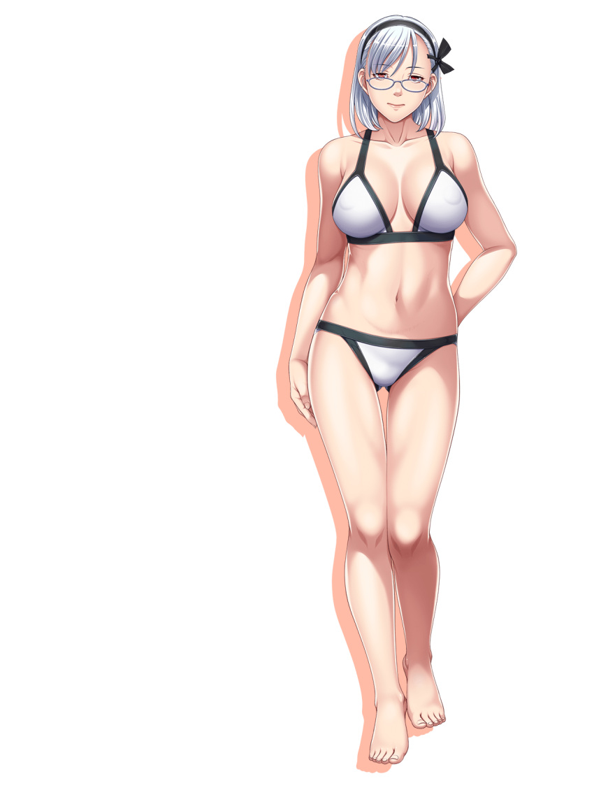 1girl, bangs, barefoot, bikini, bra, breasts, cleavage, closed_game, empress_(studio), erect_nipples, feet, game_cg, glasses, hairband, highres, large_breasts, legs, looking_at_viewer, marielle_clemens, navel, panties, red_eyes, sei_shoujo, short_hair, simple_background, solo, standing, swimsuit, thighs, toes, transparent_background, underwear, violet_eyes, white_hair