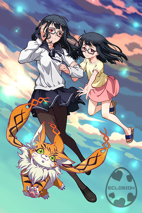 2girls, artist_name, black-framed_eyewear, black_hair, digimon, digimon_adventure_tri., eclosion, glasses