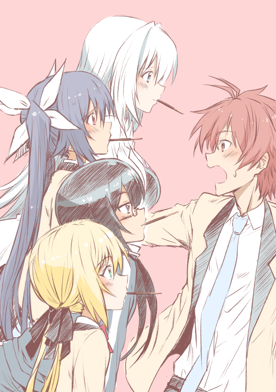 1boy, 4girls, black_hair, blonde_hair, blue_eyes, blush, bow, bowtie