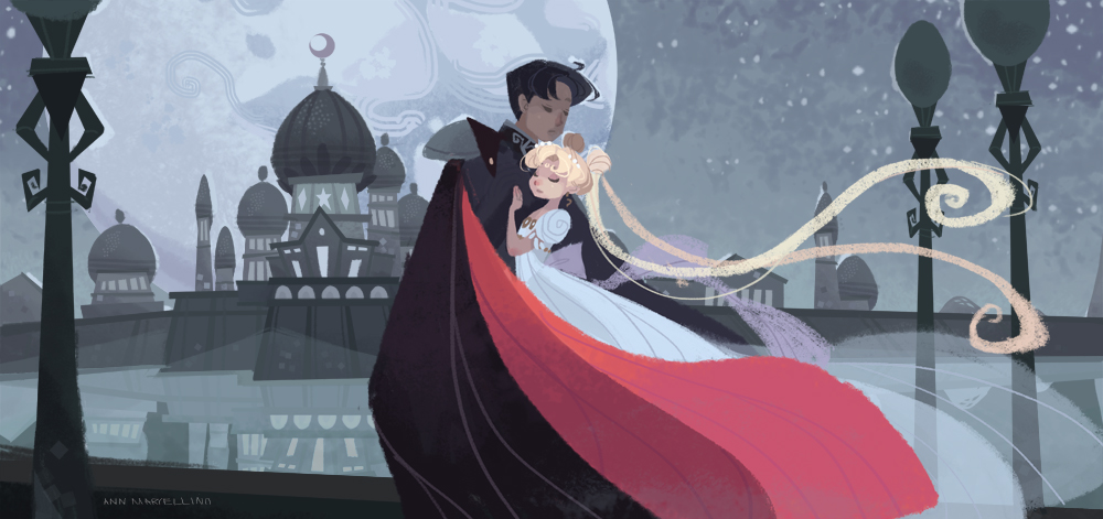 1boy, 1girl, ann_marcellino, artist_name, bishoujo_senshi_sailor_moon, black_hair, blonde_hair, cape