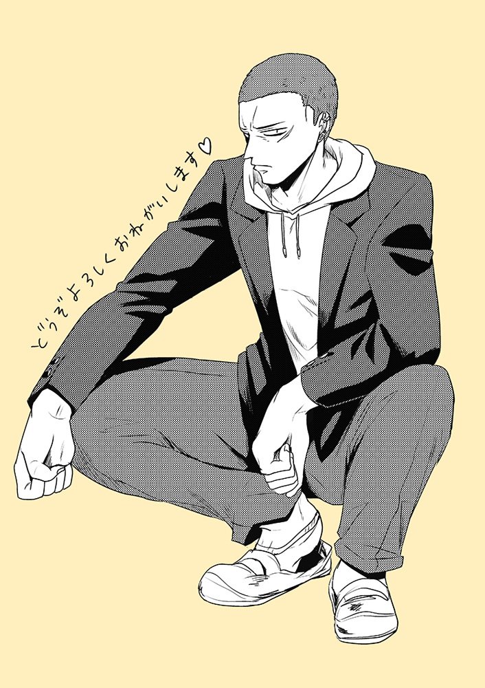 1boy, earrings, hood, hoodie, jewelry, looking_at_viewer, oishi_wataru, pants