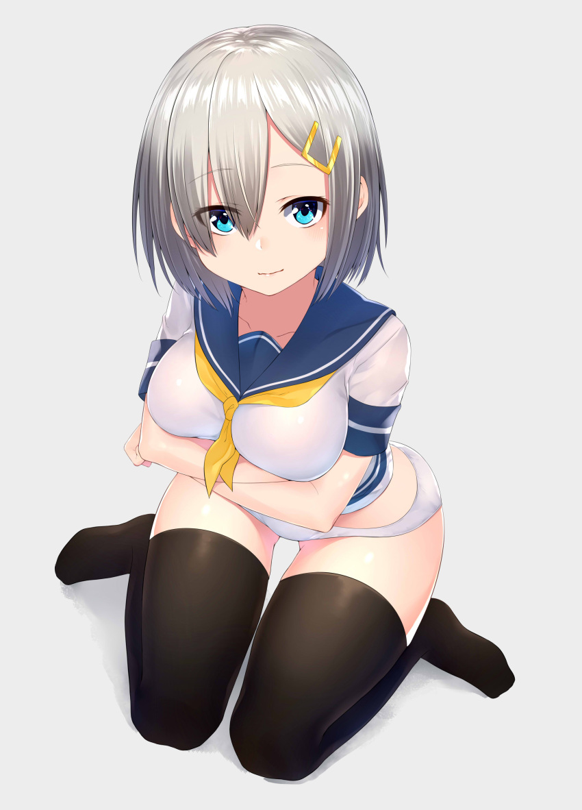 1girl, absurdres, akky_(akimi1127), bangs, between_breasts, black_legwear, blouse, blue_eyes