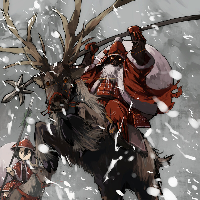 armor, bag, beard, christmas, facial_hair, glowing, glowing_eyes, hat