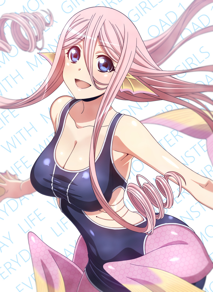 1girl, blue_eyes, breasts, cleavage, drill_hair, head_fins, highres, long_hair, looking_at_viewer, medium_breasts, mermaid, meroune_lorelei, misopetha-menos, monster_girl, monster_musume_no_iru_nichijou, one-piece_swimsuit, open_mouth, pink_hair, smile, solo, swimsuit, twin_drills