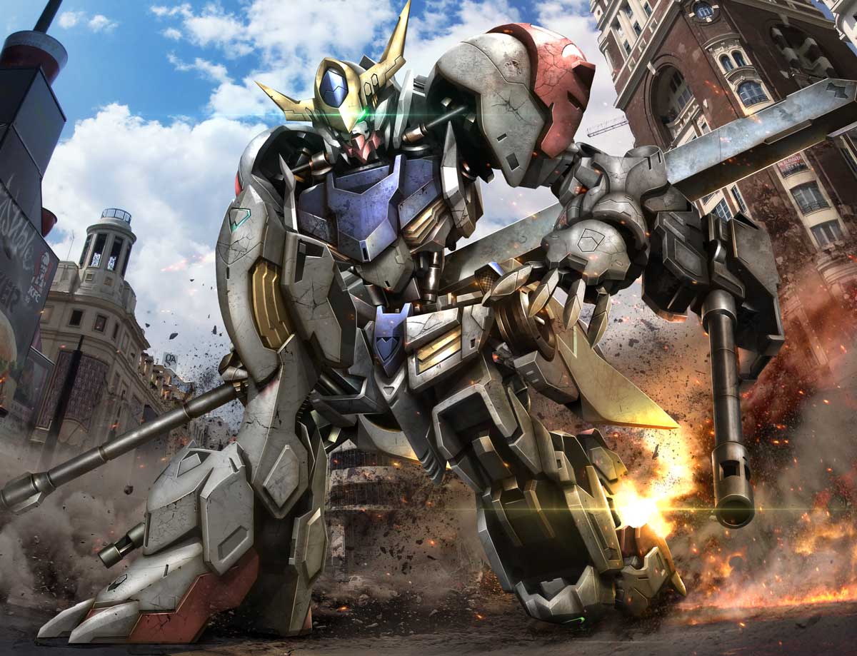 blue_sky, building, clouds, commentary_request, gundam, gundam_barbatos_lupus, gundam_tekketsu_no_orphans, hiropon_(tasogare_no_puu)