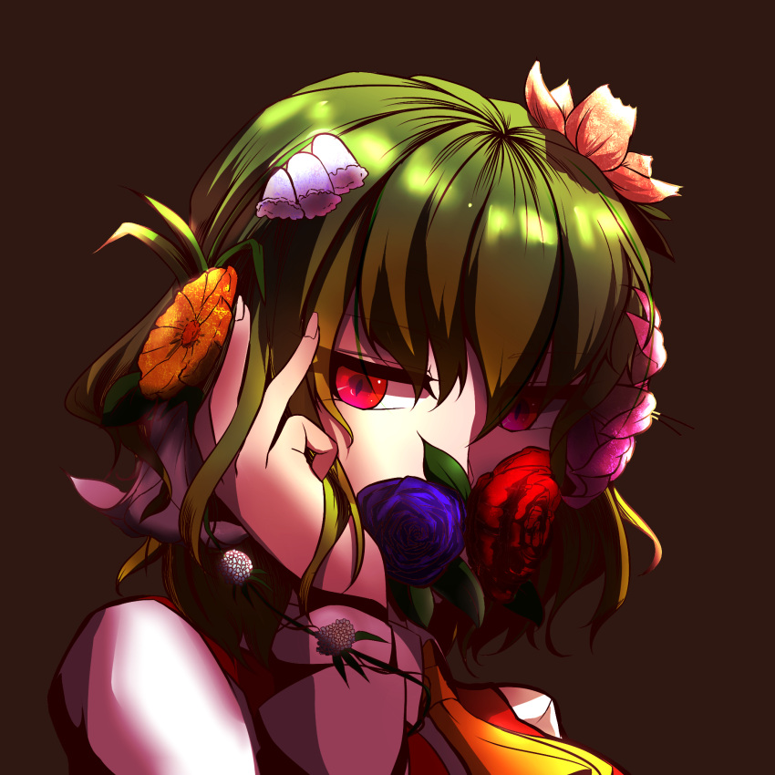 1girl, ascot, black_background, close-up, flower, green_hair, hair_flower, hair_ornament