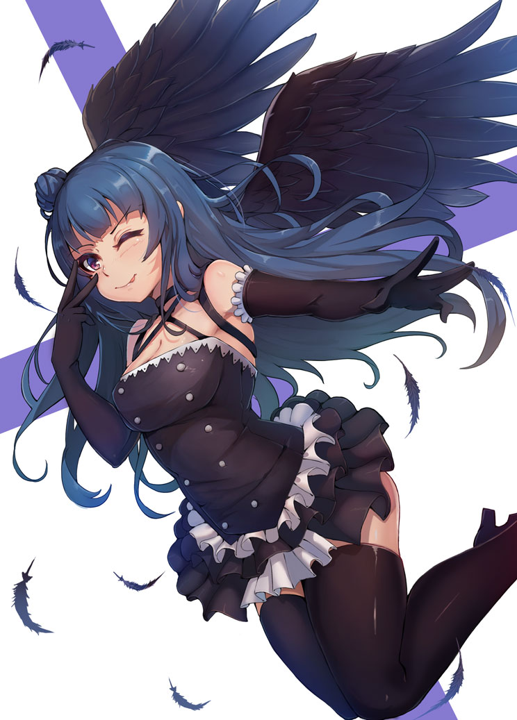 1girl, ;p, black_dress, black_feathers, black_gloves, black_legwear, black_wings, blue_hair