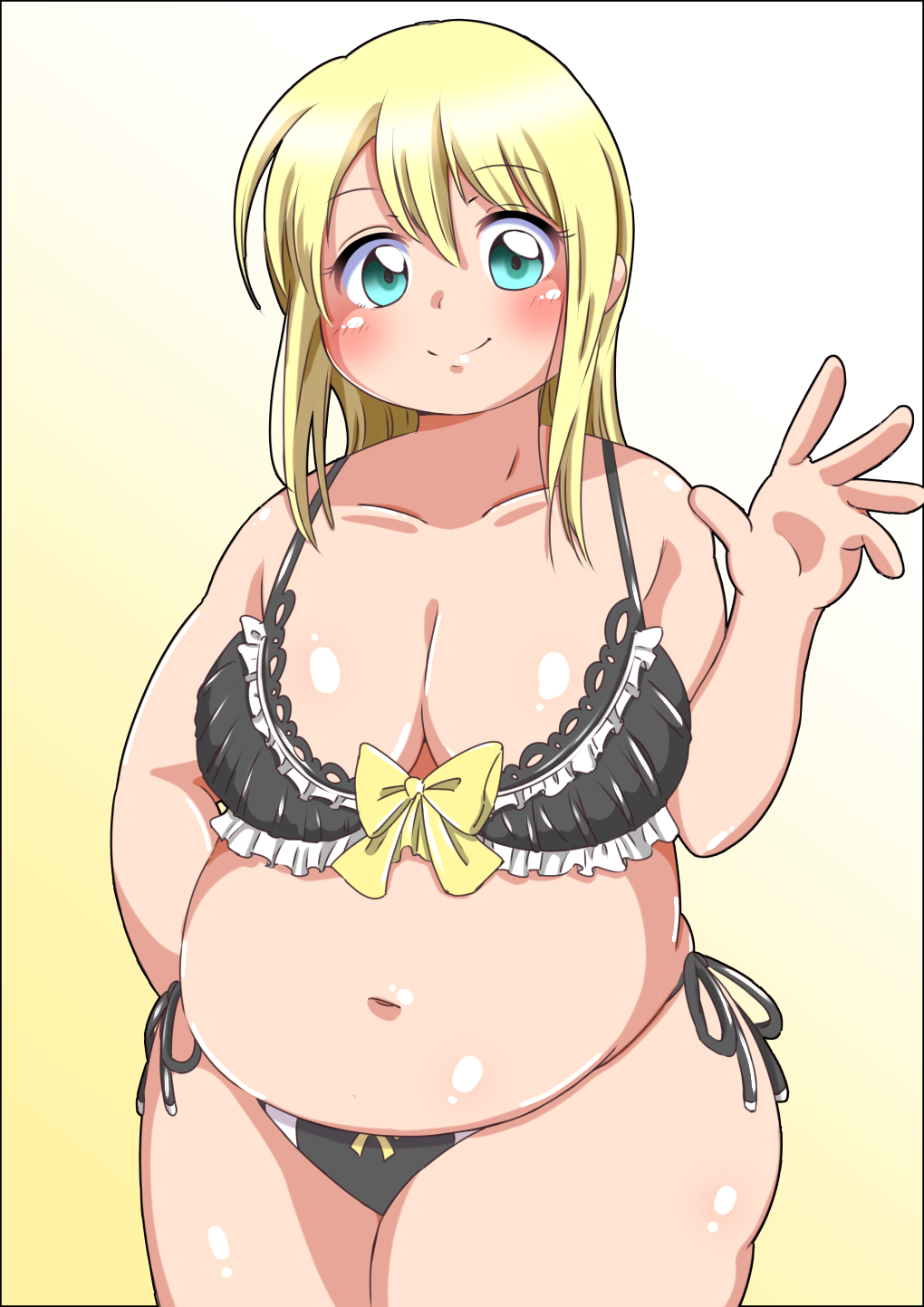 1girl, aqua_eyes, belly, blonde_hair, blush, breasts, cleavage, hakuto, large_breasts, long_hair, looking_at_viewer, navel, original, plump, smile, solo, standing, swimsuit, thick_thighs