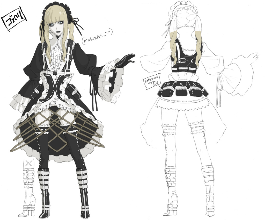 1girl, bangs, black_legwear, blonde_hair, blunt_bangs, boots, character_sheet, concept_art