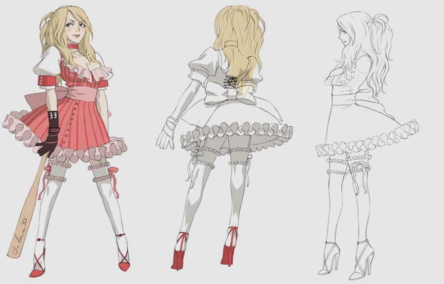 1girl, bad_girl, baseball_bat, blonde_hair, breasts, choker, cleavage, concept_art