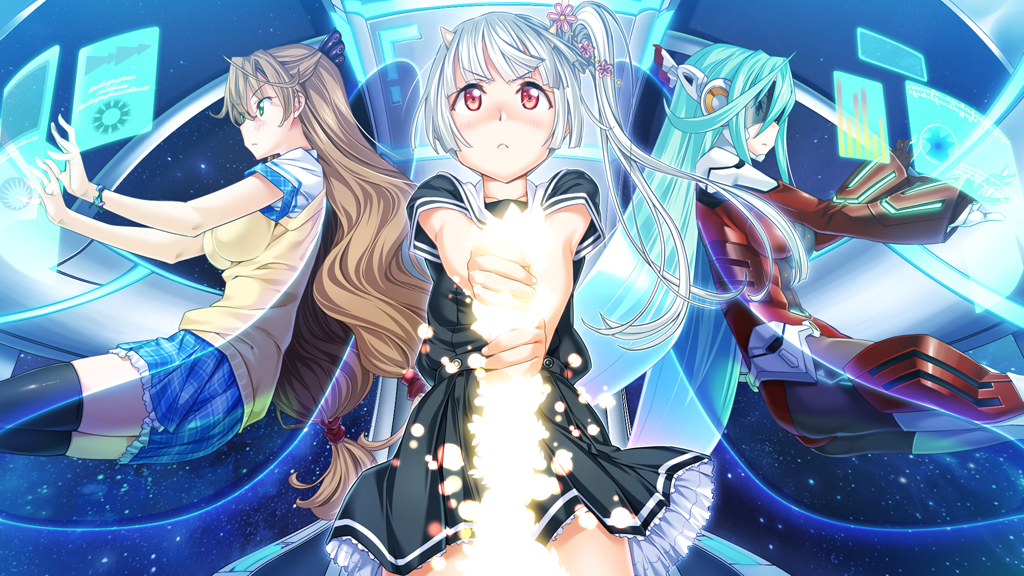 3girls, black_legwear, blush, breasts, brown_hair, cockpit, game_cg, green_eyes