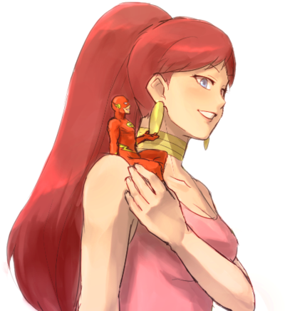 1boy, 1girl, blue_eyes, bodysuit, cchome, choker, dc_comics, dcau, dress, earrings, giantess, giganta, jewelry, justice_league, lowres, mask, miniboy, pink_dress, ponytail, shoulder_perch, smile, the_flash, wally_west, wonder_woman_(series)