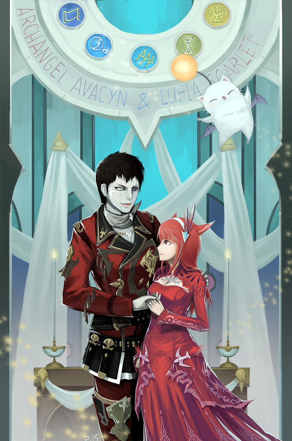 2girls, black_hair, cat_ears, couple, darkness127, dress, final_fantasy, final_fantasy_xiv, grey_skin, hairband, jewelry, looking_at_another, miqo'te, moogle, multiple_girls, redhead, ring, roegadyn, scar, very_short_hair, yuri