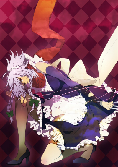 braid, brown_eyes, high_heels, izayoi_sakuya, knife, maid, one_knee, panthose