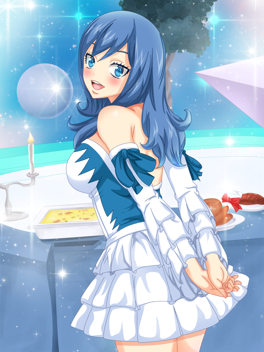 1girl, blue_eyes, blue_hair, blush, breasts, candle, dress, facu10mag, fairy_tail, fire, food, juvia_loxar, large_breasts, looking_at_viewer, open_mouth, tagme