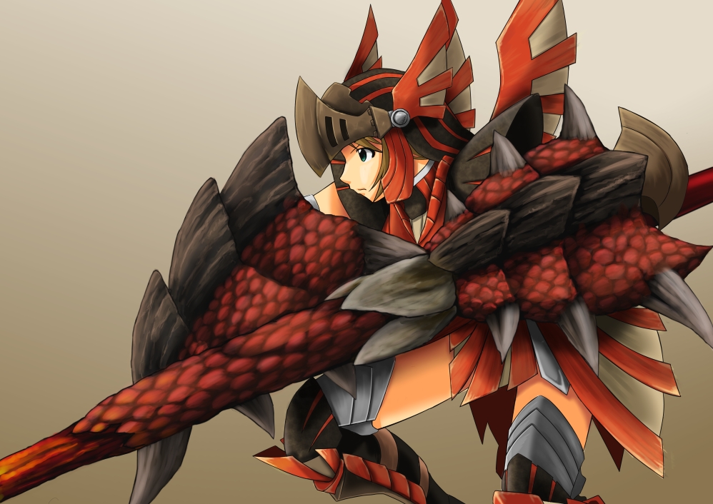 1girl, agnaktor_(armor), armor, brown_hair, capcom, female, lance, monster_hunter