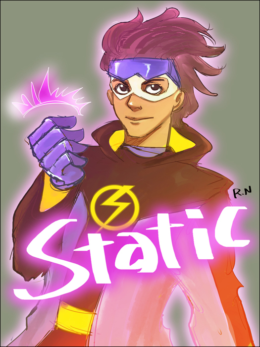 1boy, black_hair, brown_eyes, character_name, dark_skin, dc_comics, electricity, gloves