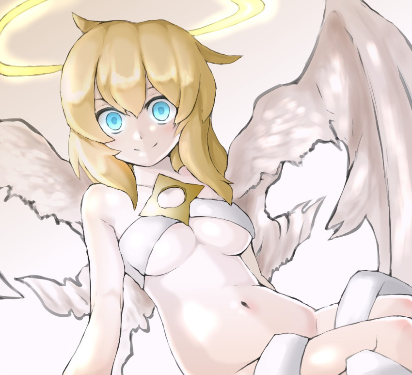 1girl, angel, angel_wings, blonde_hair, blue_eyes, breasts, cleavage, female, halo, hashimoto_(soukidann2010), long_hair, lucifina_(mon-musu_quest!), mon-musu_quest!, navel, no_panties, smile, solo, spoilers, wings