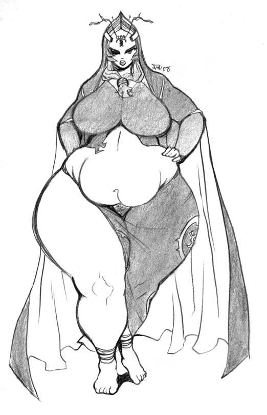 1girl, fat, kaigetsudo, looking_at_viewer, midna, midna_(true), monochrome, spoilers