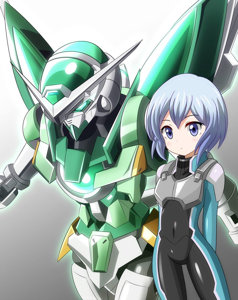 1girl, blue_eyes, blue_hair, blush, glowing, gundam, gundam_00, gundam_build_fighters