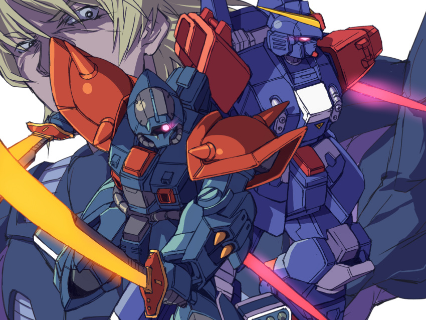 atsushi/hao, blonde_hair, blue_destiny_02, dual_wielding, efreet_custom, gundam, gundam_side_story:_the_blue_destiny, mecha