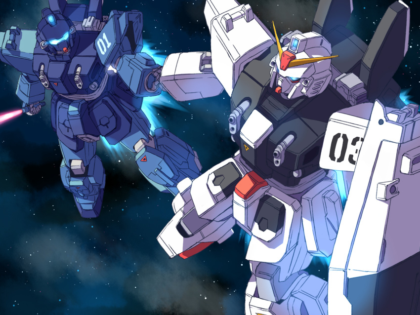 atsushi/hao, blue_destiny_01, blue_destiny_03, energy_sword, gundam, gundam_side_story:_the_blue_destiny, hand_holding, highres